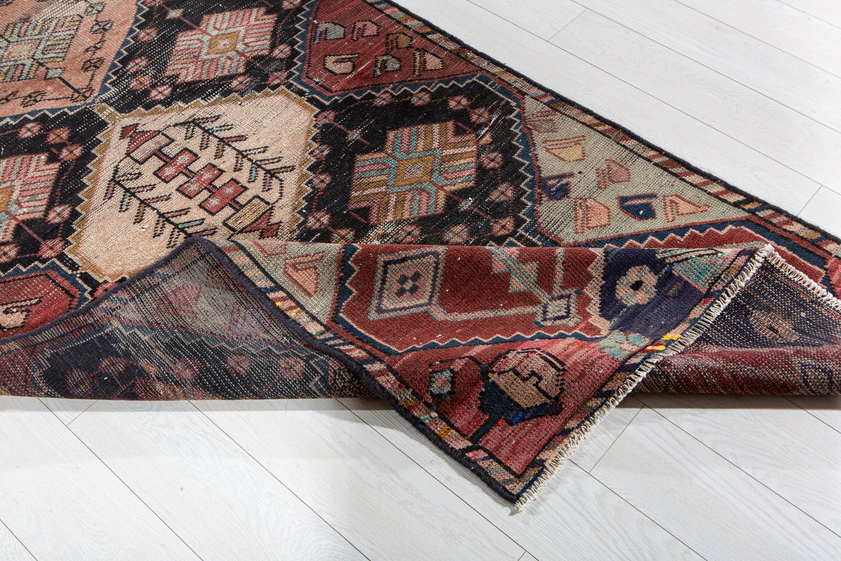 Antique Red, Navy Blue & Pink Hand-Knotted Wool Rug – 7' 11" x 3' 10" (242 x 118 cm)