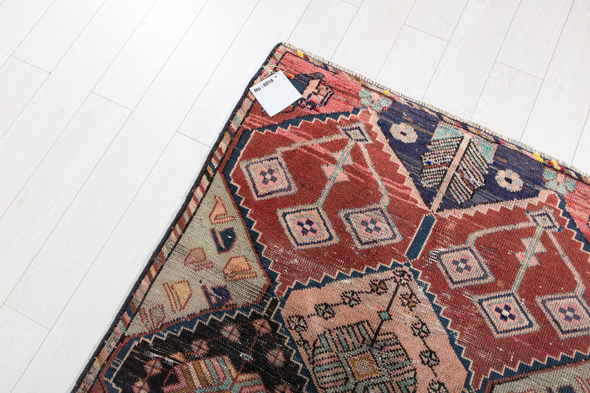Antique Red, Navy Blue & Pink Hand-Knotted Wool Rug – 7' 11" x 3' 10" (242 x 118 cm)