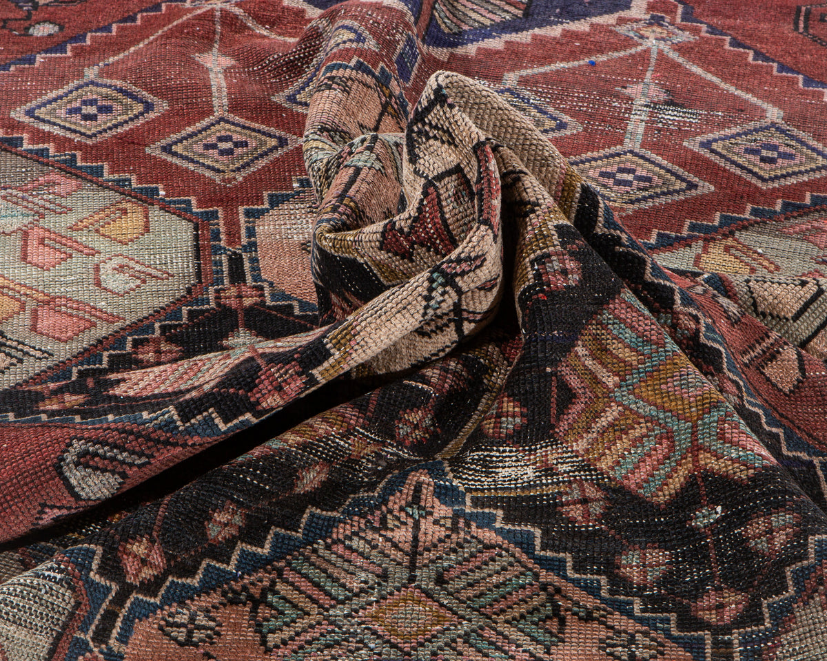Antique Red, Navy Blue & Pink Hand-Knotted Wool Rug – 7' 11" x 3' 10" (242 x 118 cm)