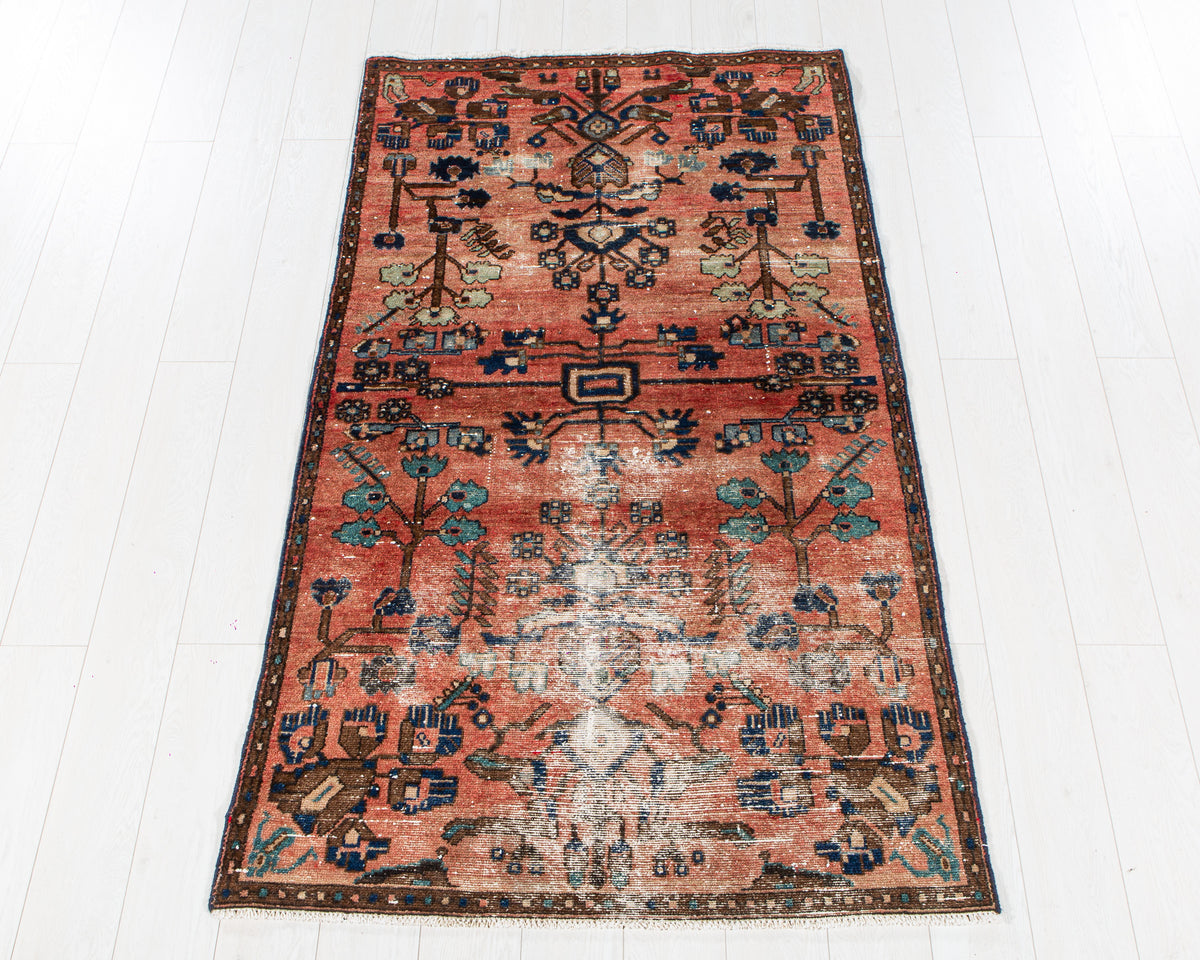 Antique Coral Red Hand-Knotted Wool Rug – 6' 4" x 3' 7" (192 x 109 cm)