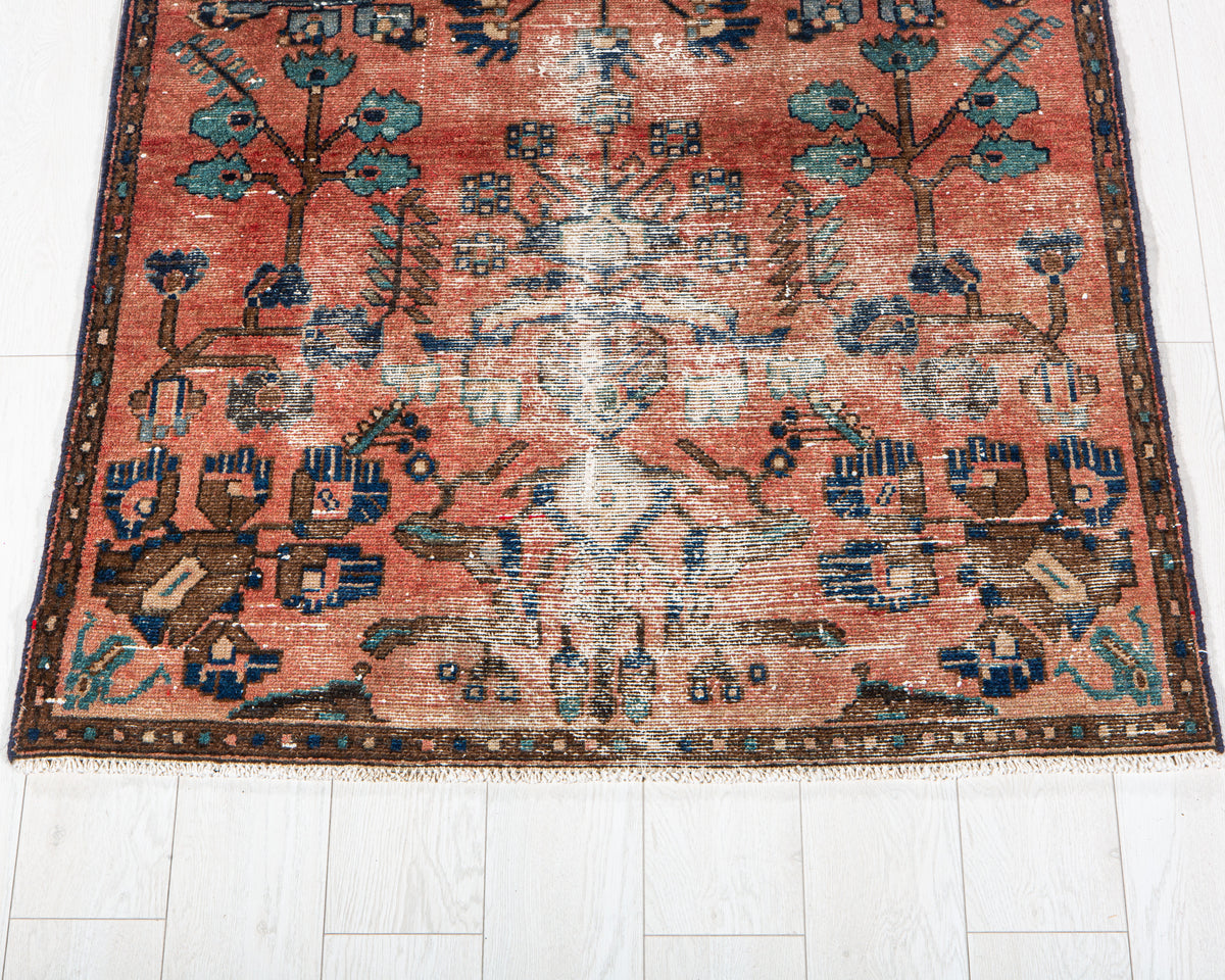 Antique Coral Red Hand-Knotted Wool Rug – 6' 4" x 3' 7" (192 x 109 cm)
