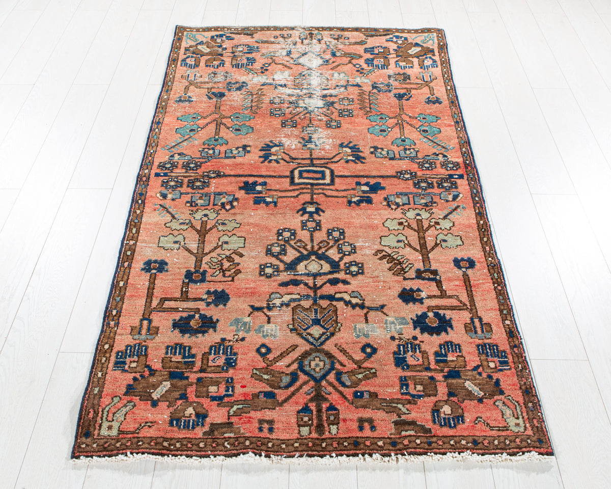 Antique Coral Red Hand-Knotted Wool Rug – 6' 4" x 3' 7" (192 x 109 cm)
