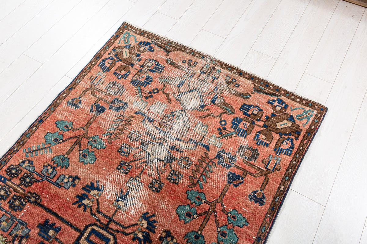 Antique Coral Red Hand-Knotted Wool Rug – 6' 4" x 3' 7" (192 x 109 cm)