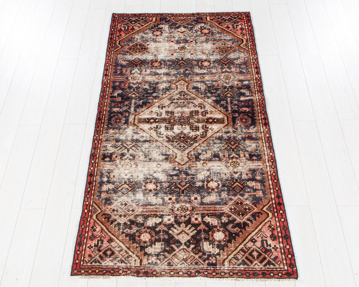 Antique Navy Blue Hand-Knotted Wool Rug – 6' 11" x 3' 7" (210 x 110 cm)