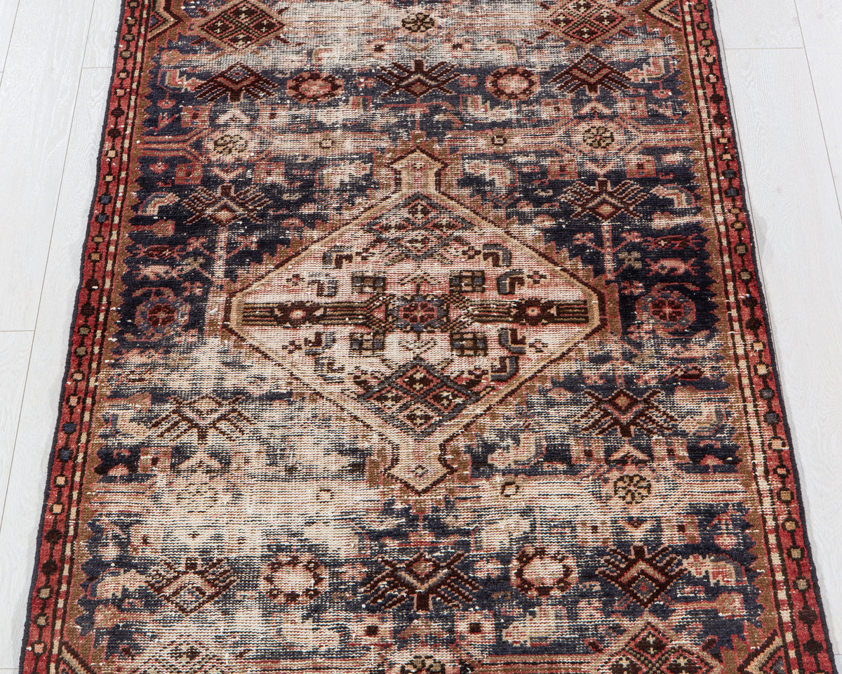 Antique Navy Blue Hand-Knotted Wool Rug – 6' 11" x 3' 7" (210 x 110 cm)