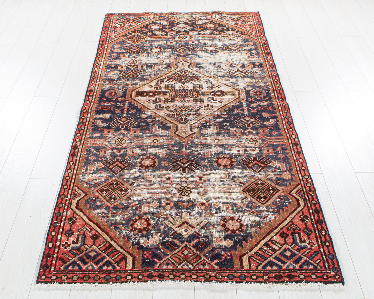 Antique Navy Blue Hand-Knotted Wool Rug – 6' 11" x 3' 7" (210 x 110 cm)