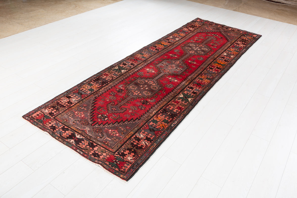 Vintage Geometric Medallion Runner Rug, Red – 10' 3" x 3' 5" (313 x 105 cm)