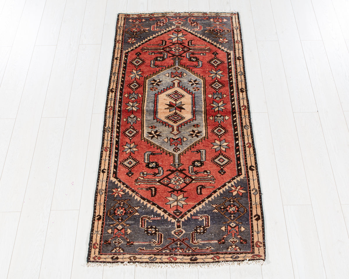 Vintage Red & Blue Hand-Knotted Wool Rug – 5' 10" x 2' 9" (179 x 84 cm)