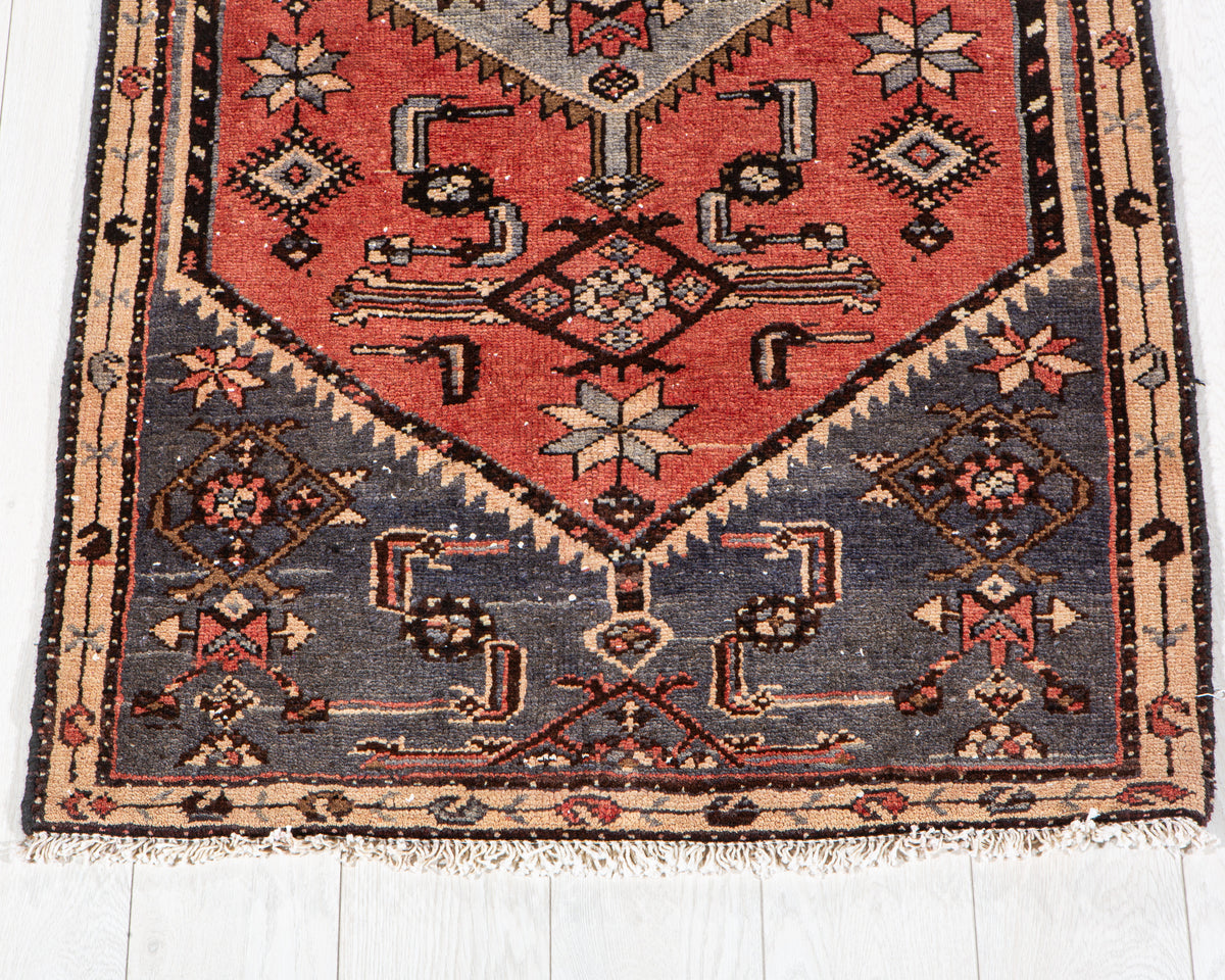 Vintage Red & Blue Hand-Knotted Wool Rug – 5' 10" x 2' 9" (179 x 84 cm)