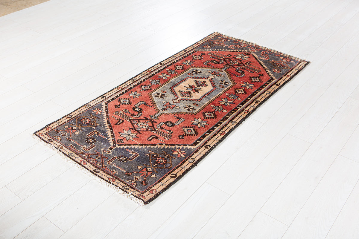 Vintage Red & Blue Hand-Knotted Wool Rug – 5' 10" x 2' 9" (179 x 84 cm)