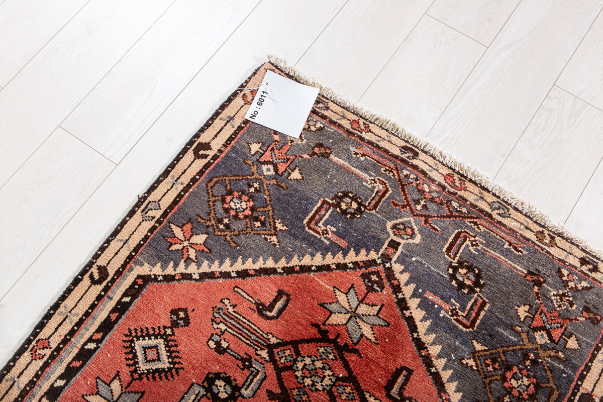 Vintage Red & Blue Hand-Knotted Wool Rug – 5' 10" x 2' 9" (179 x 84 cm)
