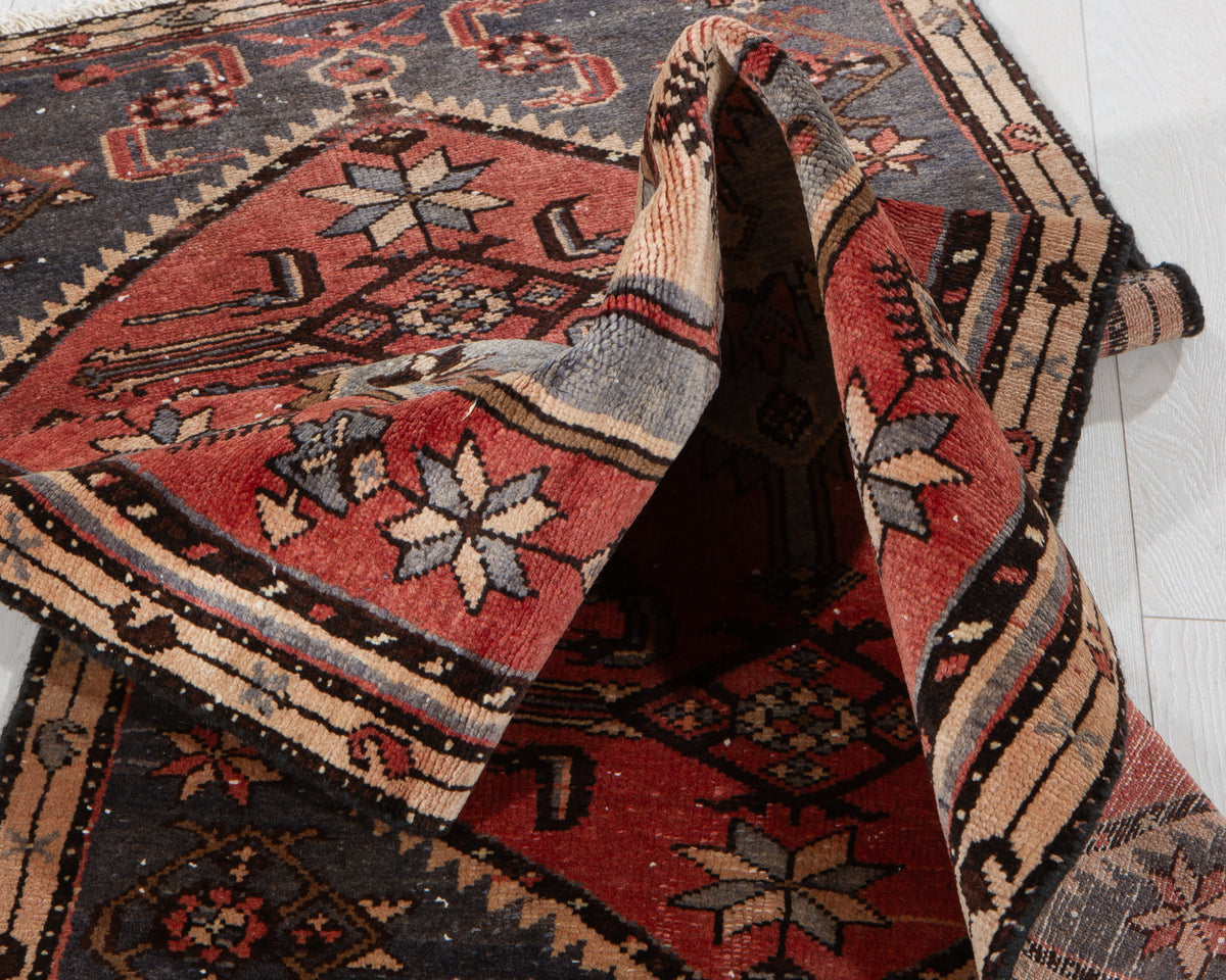 Vintage Red & Blue Hand-Knotted Wool Rug – 5' 10" x 2' 9" (179 x 84 cm)