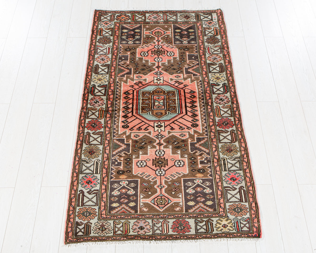 Vintage Brown & Blue Hand-Knotted Wool Rug – 6' 0" x 3' 4" (182 x 102 cm)