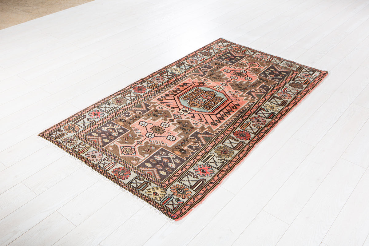 Vintage Brown & Blue Hand-Knotted Wool Rug – 6' 0" x 3' 4" (182 x 102 cm)