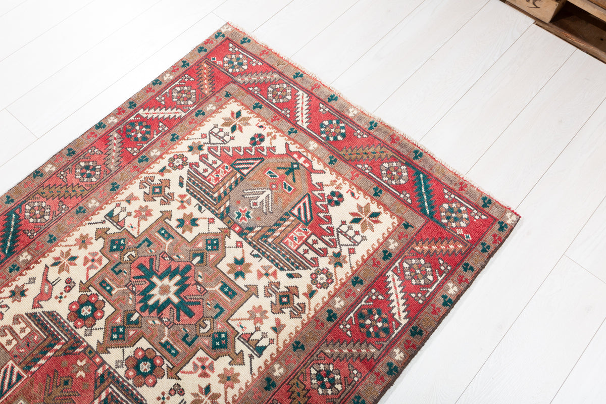 Vintage Beige & Muted Red Long Wool Runner – 14' 10" x 3' 2" (451 x 97 cm)