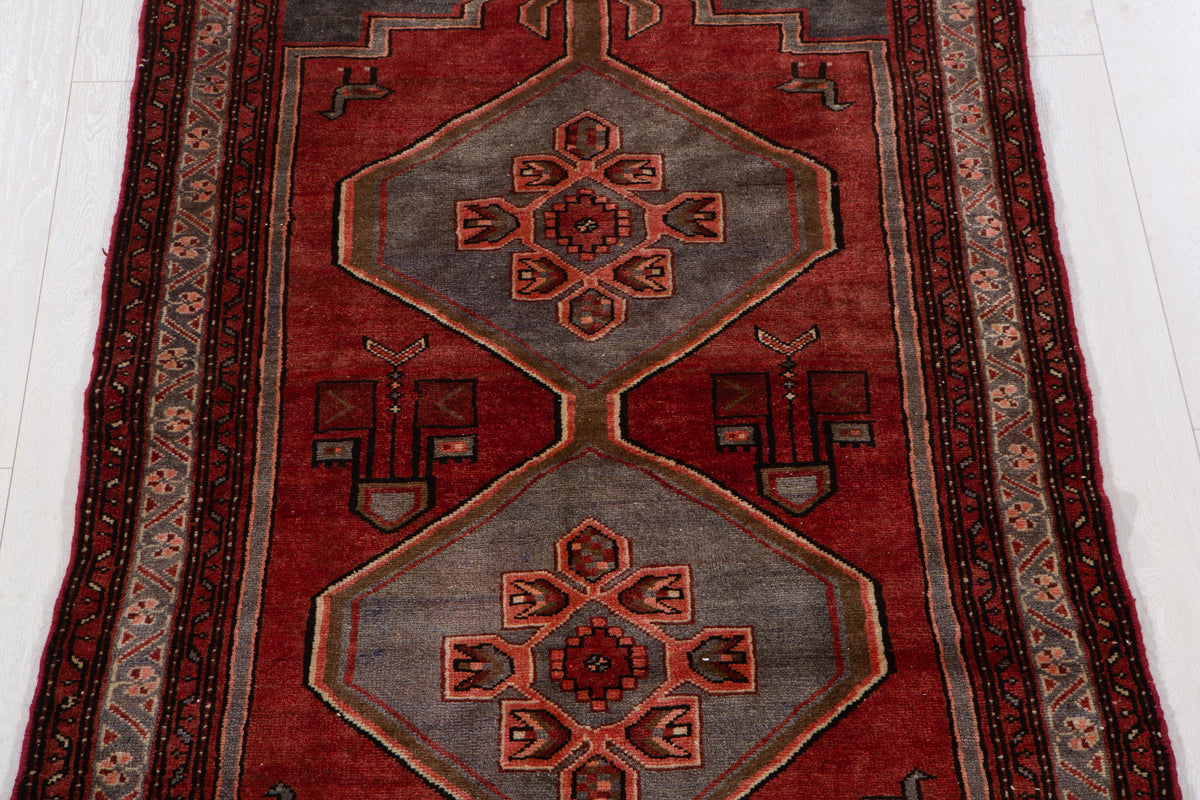 Vintage Red & Blue Hand-Knotted Wool Rug – 6' 3" x 3' 8" (190 x 113 cm)