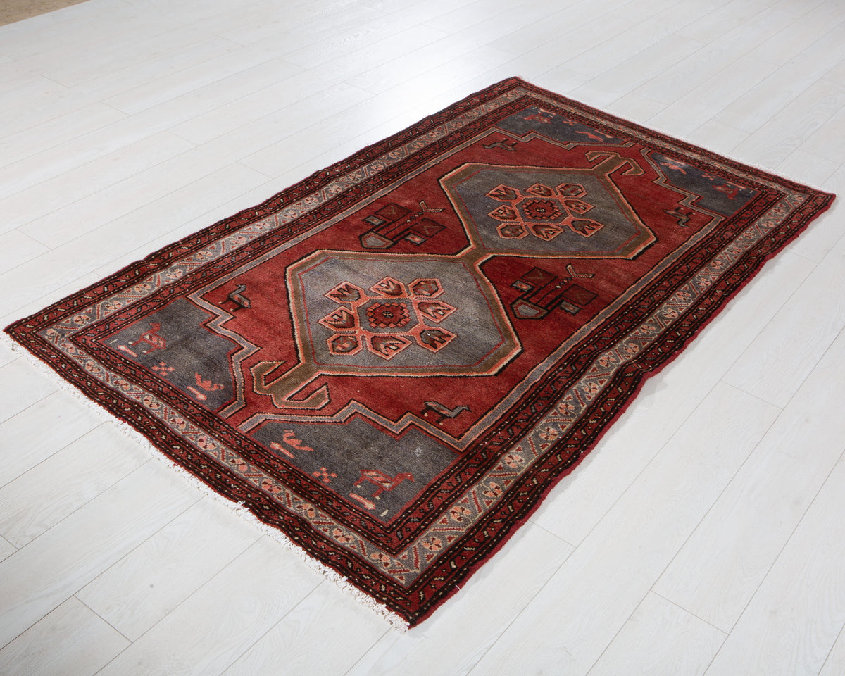 Vintage Red & Blue Hand-Knotted Wool Rug – 6' 3" x 3' 8" (190 x 113 cm)