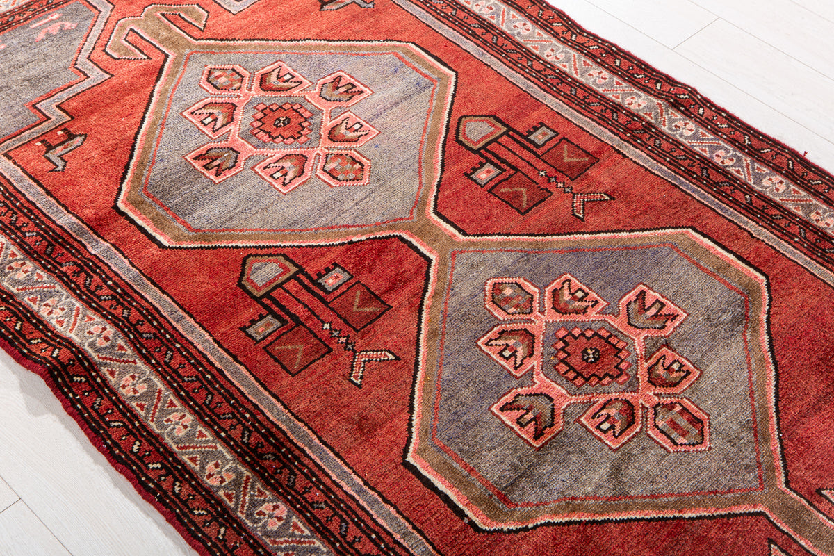 Vintage Red & Blue Hand-Knotted Wool Rug – 6' 3" x 3' 8" (190 x 113 cm)