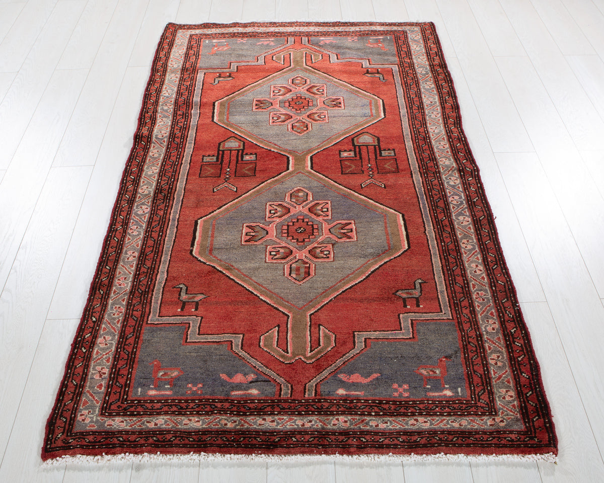 Vintage Red & Blue Hand-Knotted Wool Rug – 6' 3" x 3' 8" (190 x 113 cm)
