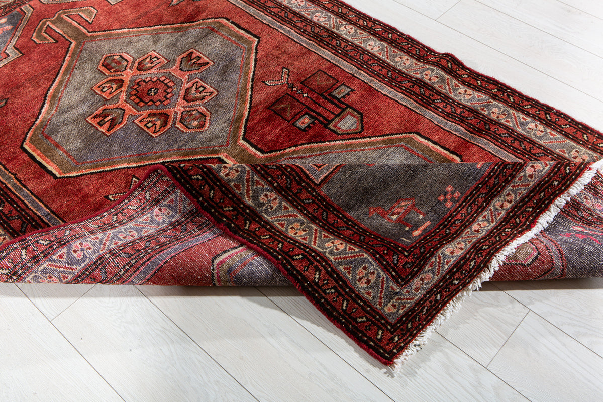 Vintage Red & Blue Hand-Knotted Wool Rug – 6' 3" x 3' 8" (190 x 113 cm)