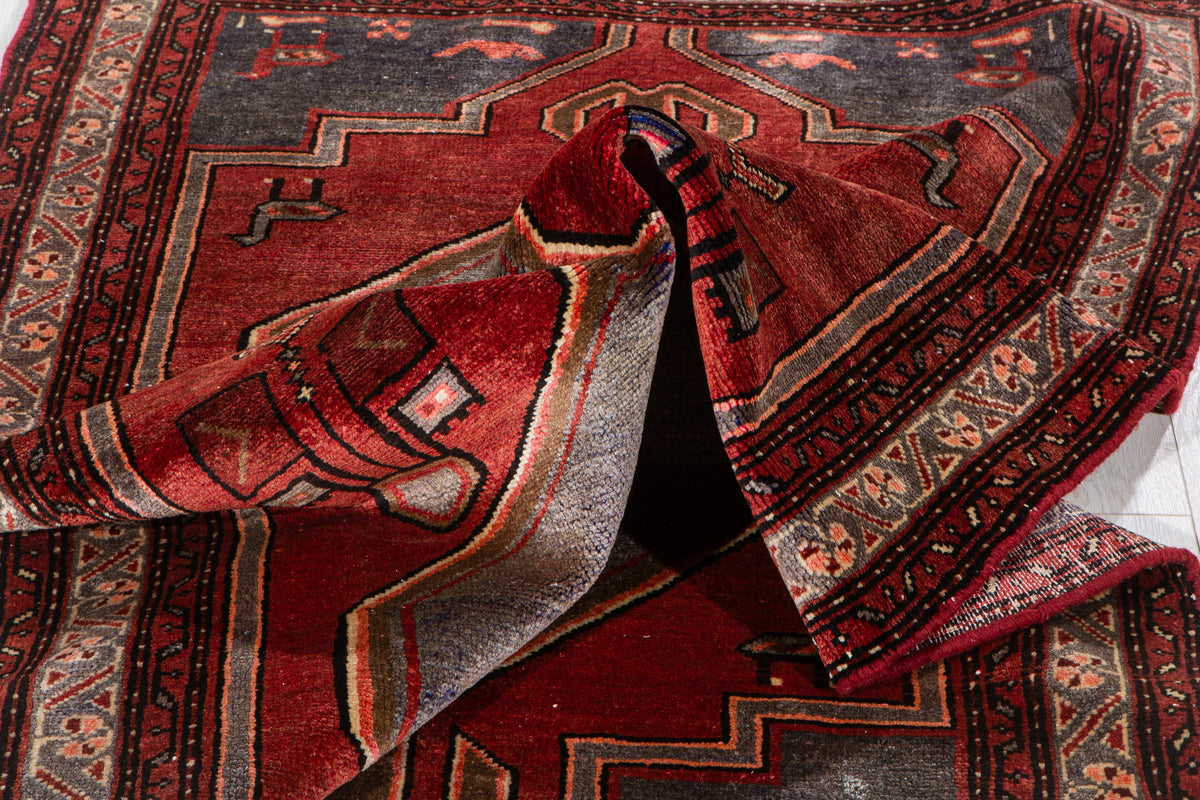 Vintage Red & Blue Hand-Knotted Wool Rug – 6' 3" x 3' 8" (190 x 113 cm)