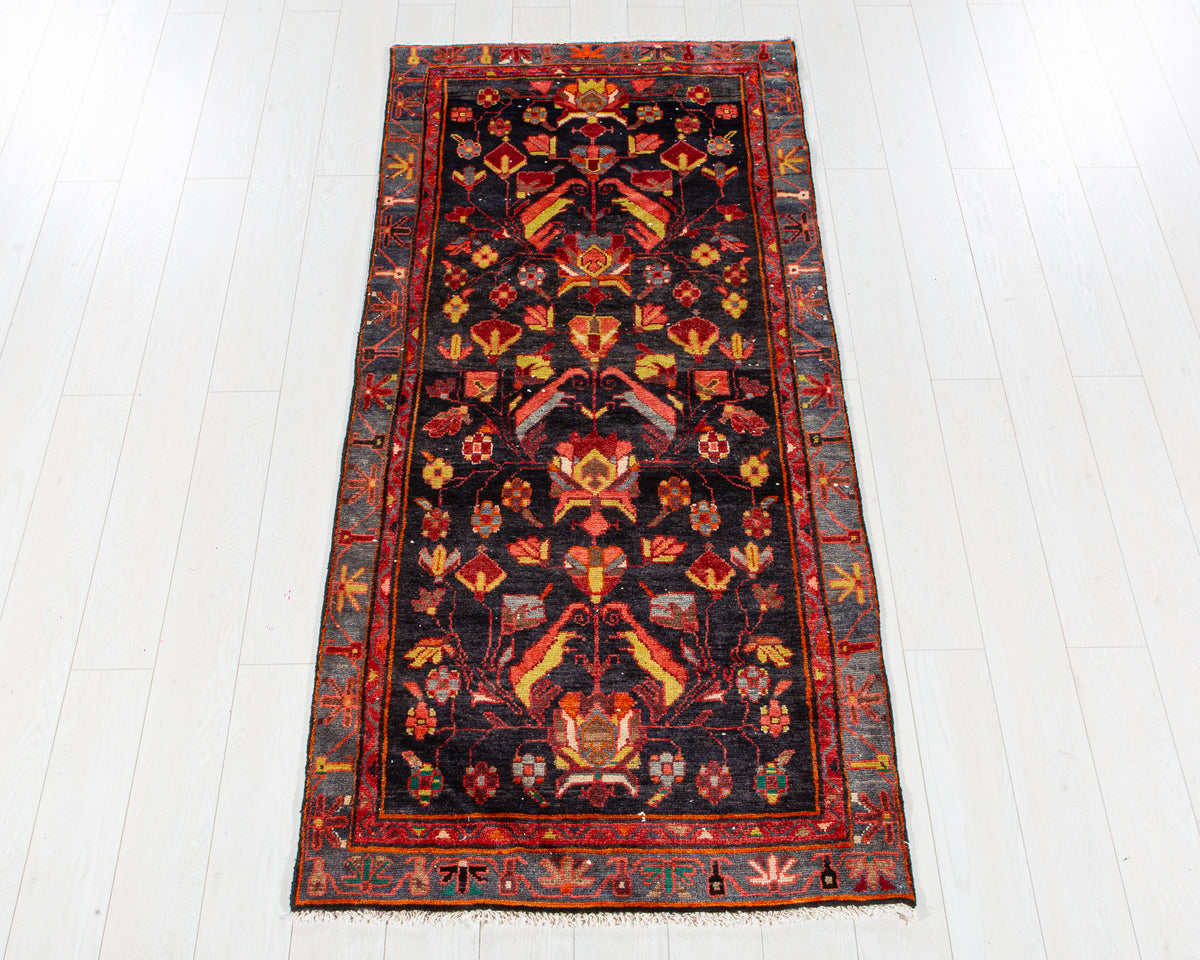 Vintage Deep Navy Blue, Pink & Yellow Hand-Knotted Wool Rug – 6' 11" x 3' 3" (210 x 98 cm)