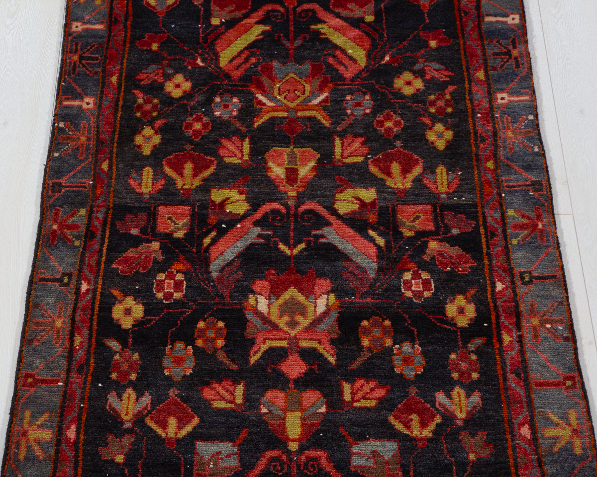 Vintage Deep Navy Blue, Pink & Yellow Hand-Knotted Wool Rug – 6' 11" x 3' 3" (210 x 98 cm)