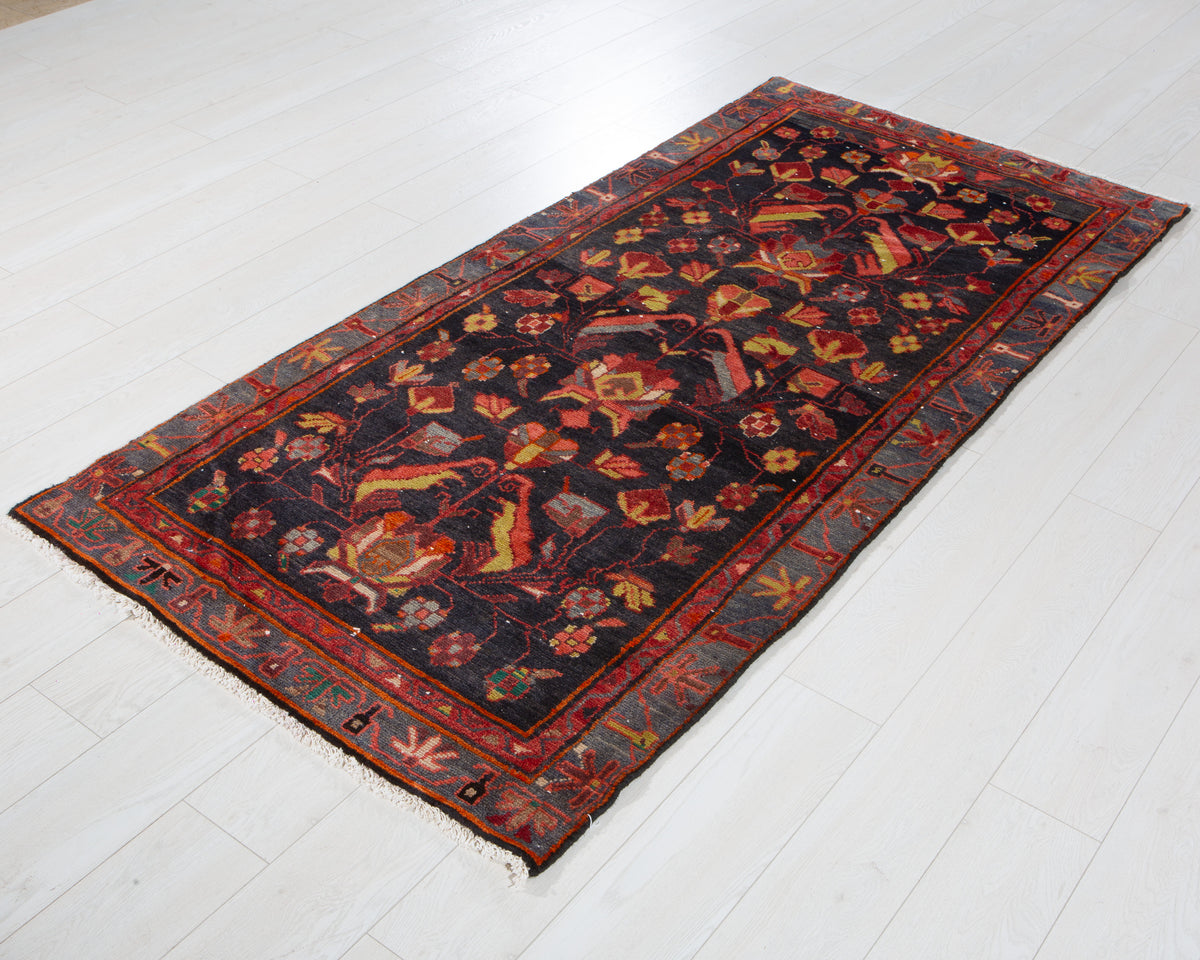 Vintage Deep Navy Blue, Pink & Yellow Hand-Knotted Wool Rug – 6' 11" x 3' 3" (210 x 98 cm)