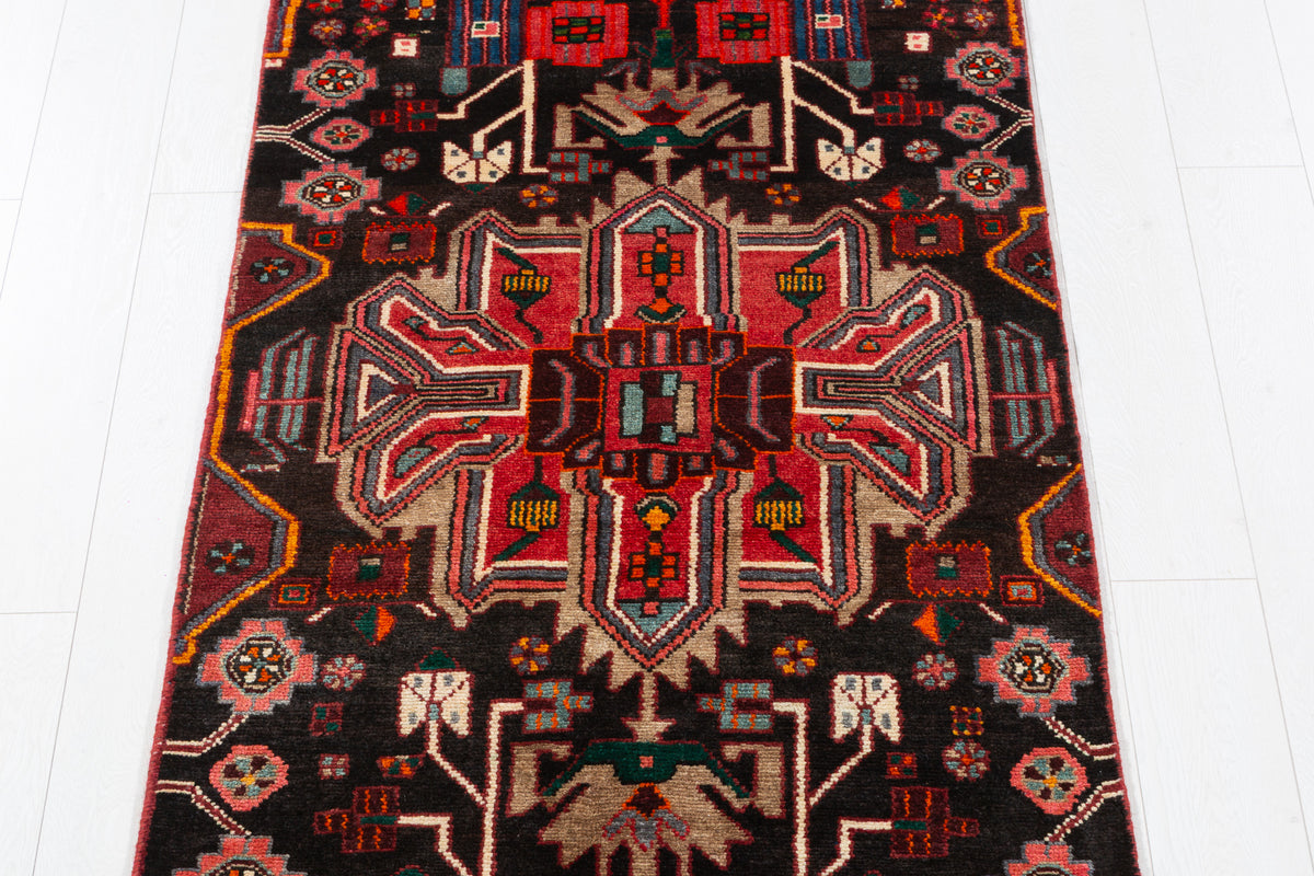 Vintage Black & Red Tribal Geometric Wool Runner – 8' 6" x 3' 0" (260 x 91 cm)