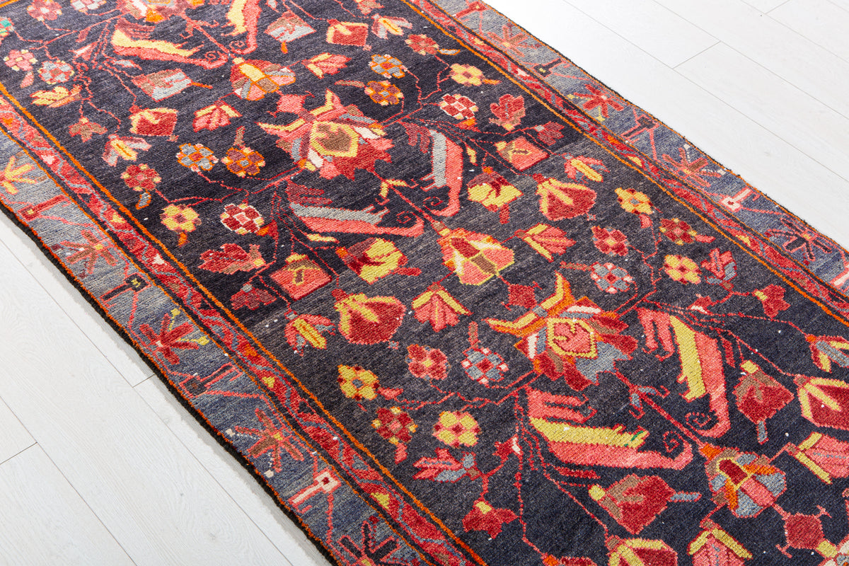 Vintage Deep Navy Blue, Pink & Yellow Hand-Knotted Wool Rug – 6' 11" x 3' 3" (210 x 98 cm)