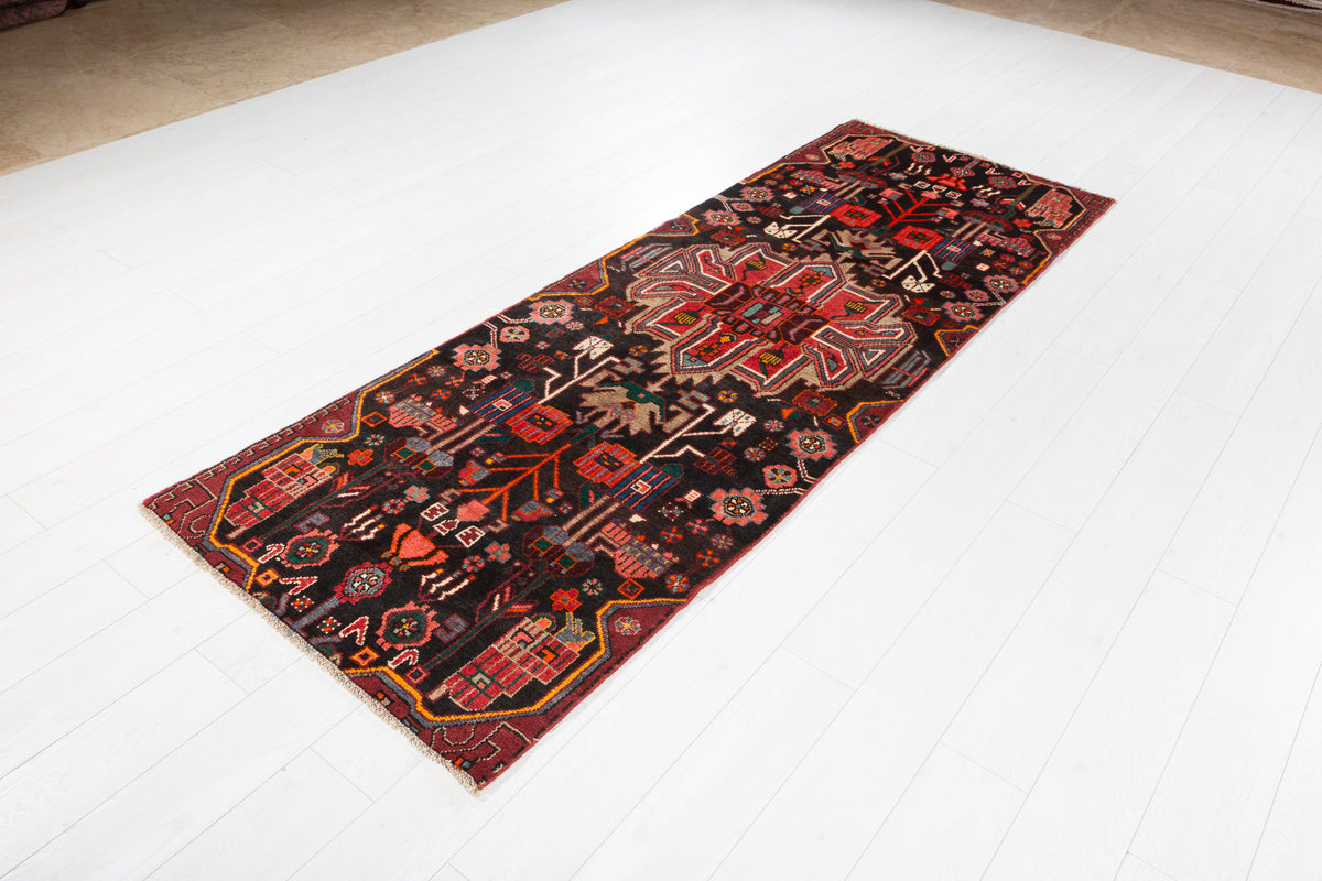 Vintage Black & Red Tribal Geometric Wool Runner – 8' 6" x 3' 0" (260 x 91 cm)