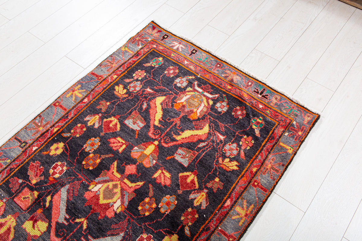 Vintage Deep Navy Blue, Pink & Yellow Hand-Knotted Wool Rug – 6' 11" x 3' 3" (210 x 98 cm)