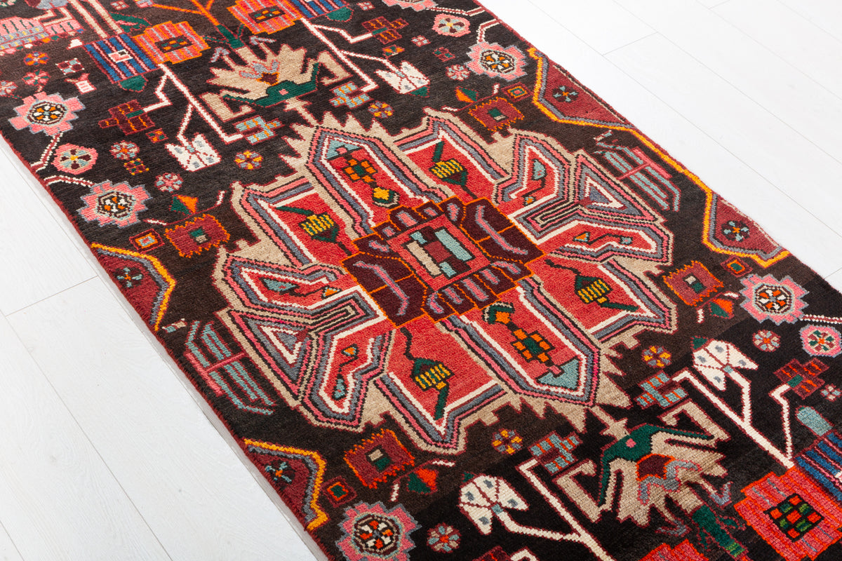 Vintage Black & Red Tribal Geometric Wool Runner – 8' 6" x 3' 0" (260 x 91 cm)