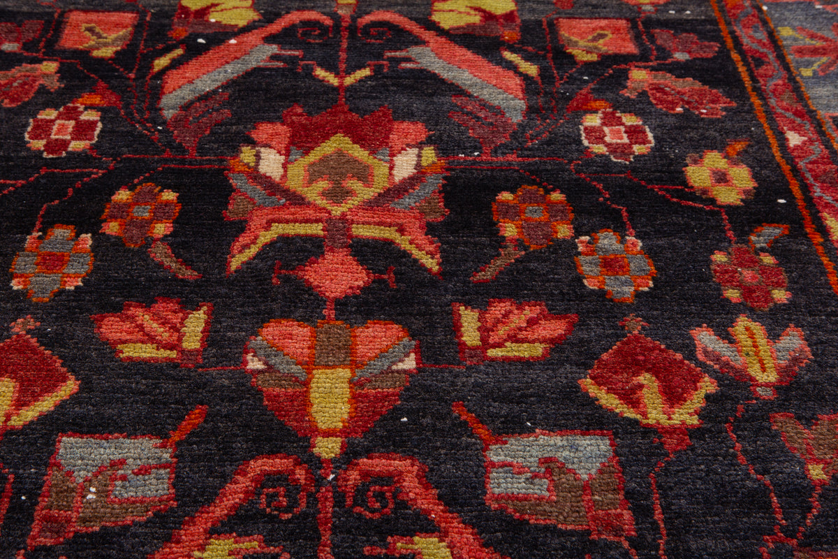 Vintage Deep Navy Blue, Pink & Yellow Hand-Knotted Wool Rug – 6' 11" x 3' 3" (210 x 98 cm)