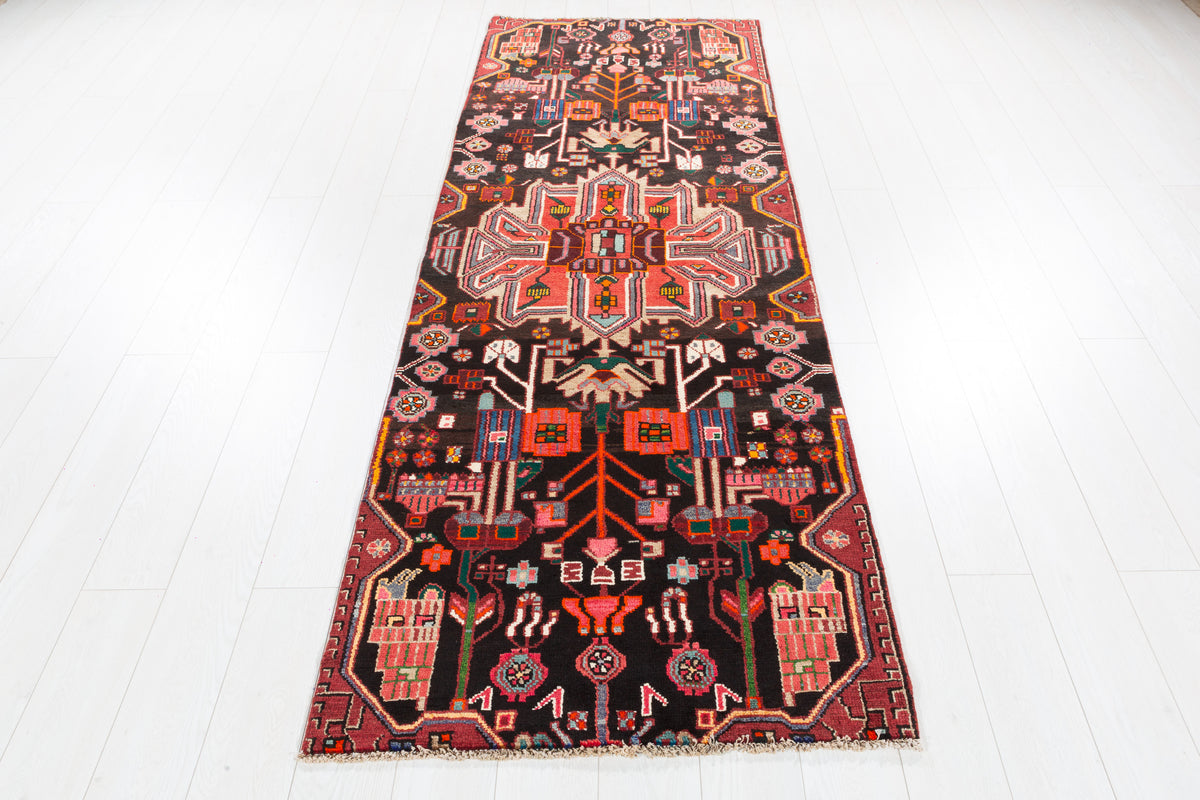 Vintage Black & Red Tribal Geometric Wool Runner – 8' 6" x 3' 0" (260 x 91 cm)