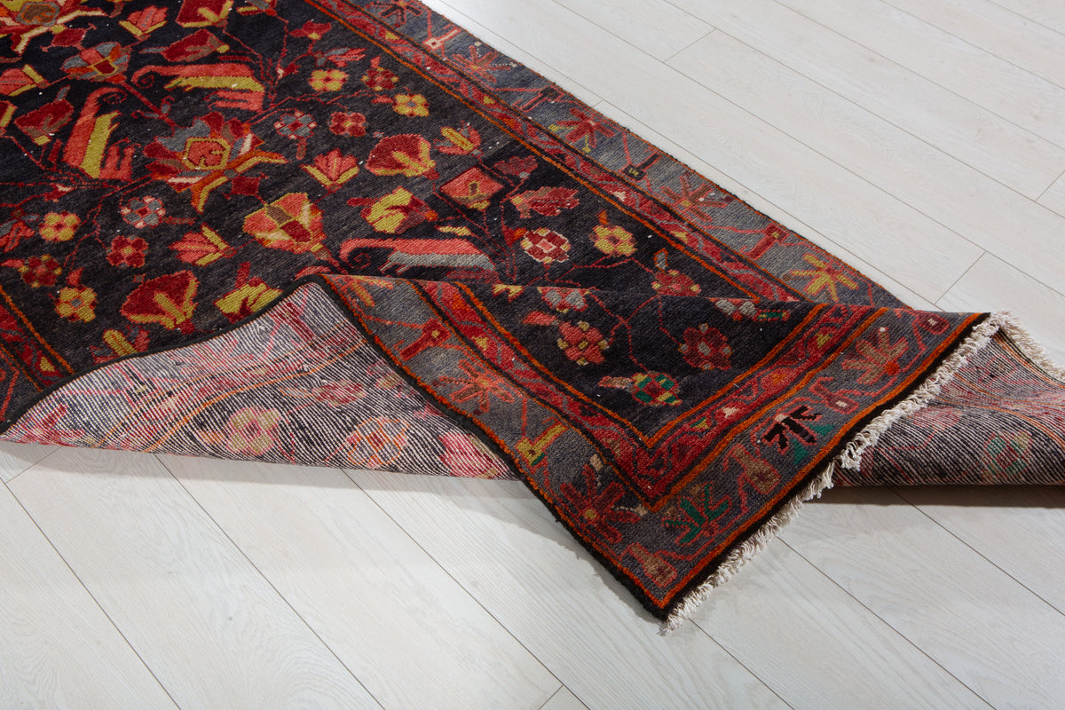 Vintage Deep Navy Blue, Pink & Yellow Hand-Knotted Wool Rug – 6' 11" x 3' 3" (210 x 98 cm)