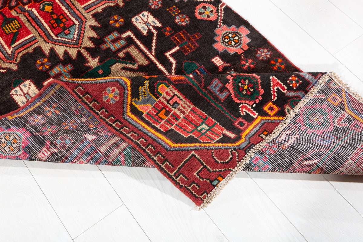Vintage Black & Red Tribal Geometric Wool Runner – 8' 6" x 3' 0" (260 x 91 cm)
