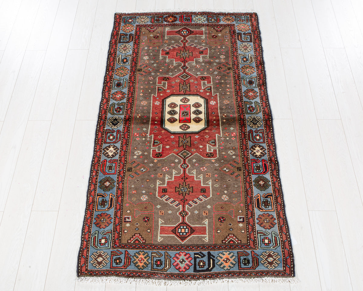 Vintage Greyish Black, Red & Blue Hand-Knotted Wool Rug – 6' 5" x 3' 5" (195 x 105 cm)