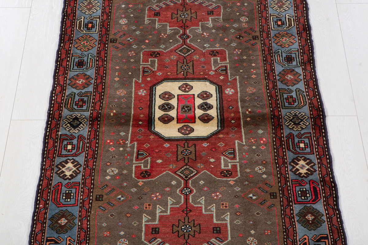 Vintage Greyish Black, Red & Blue Hand-Knotted Wool Rug – 6' 5" x 3' 5" (195 x 105 cm)