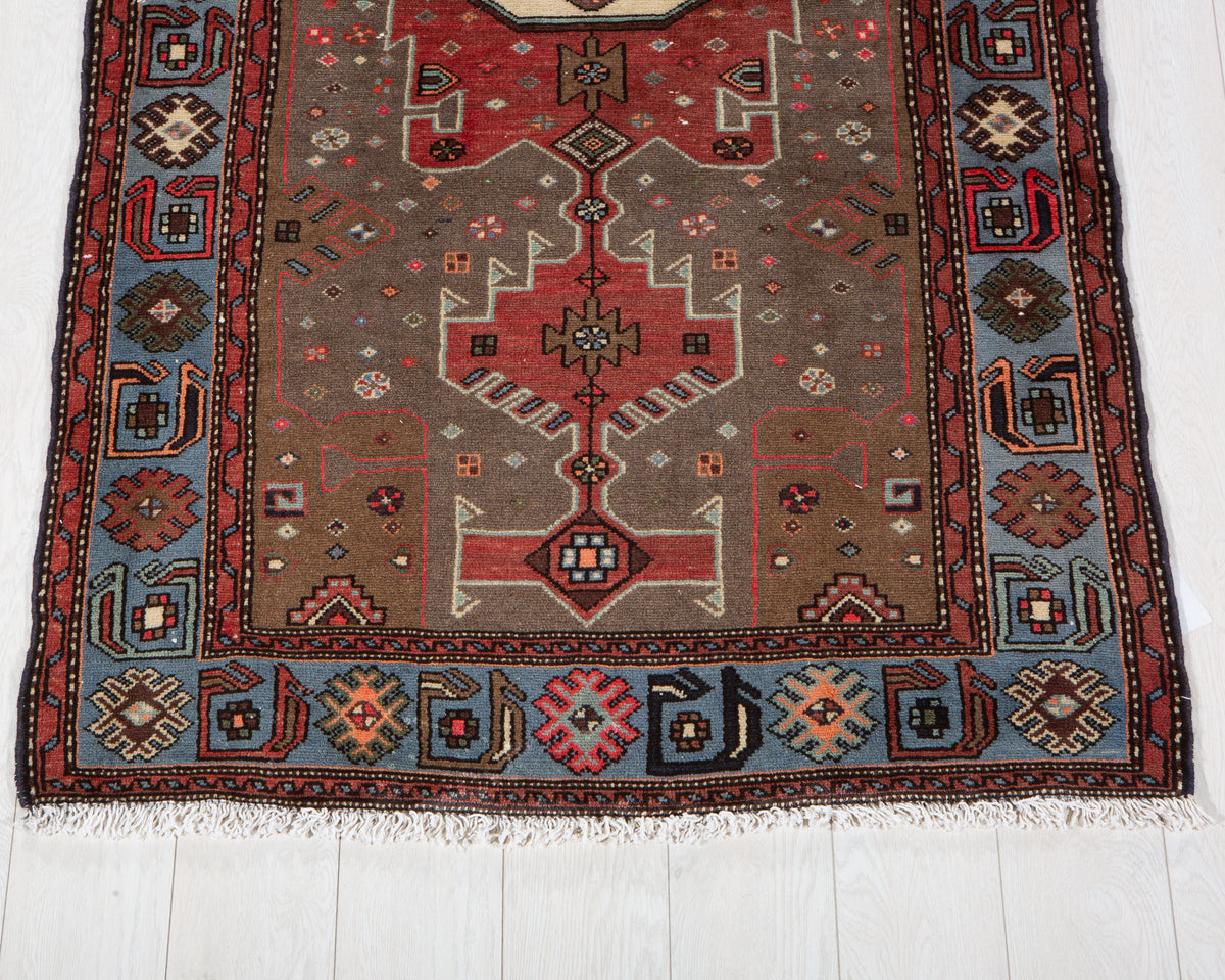 Vintage Greyish Black, Red & Blue Hand-Knotted Wool Rug – 6' 5" x 3' 5" (195 x 105 cm)