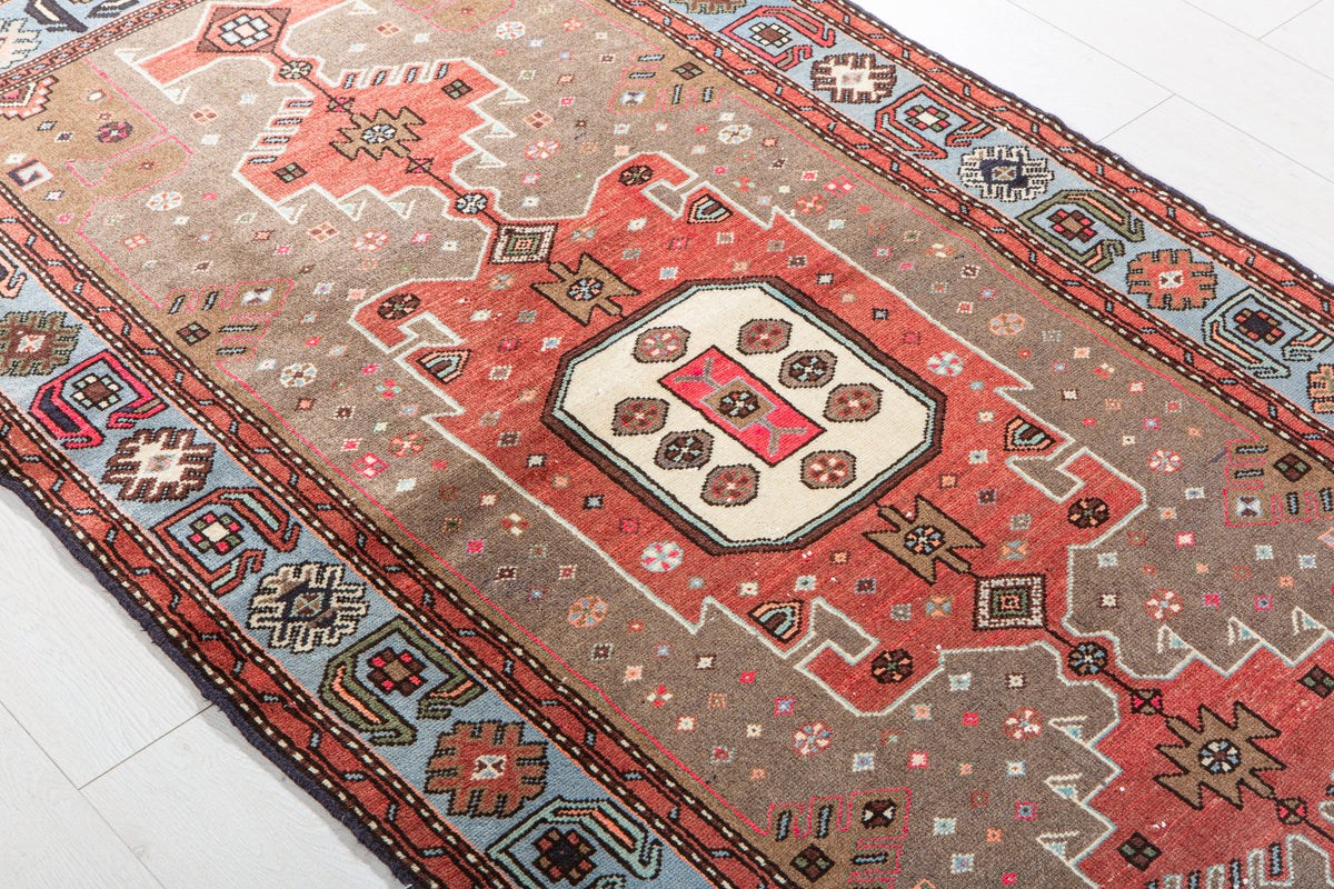 Vintage Greyish Black, Red & Blue Hand-Knotted Wool Rug – 6' 5" x 3' 5" (195 x 105 cm)