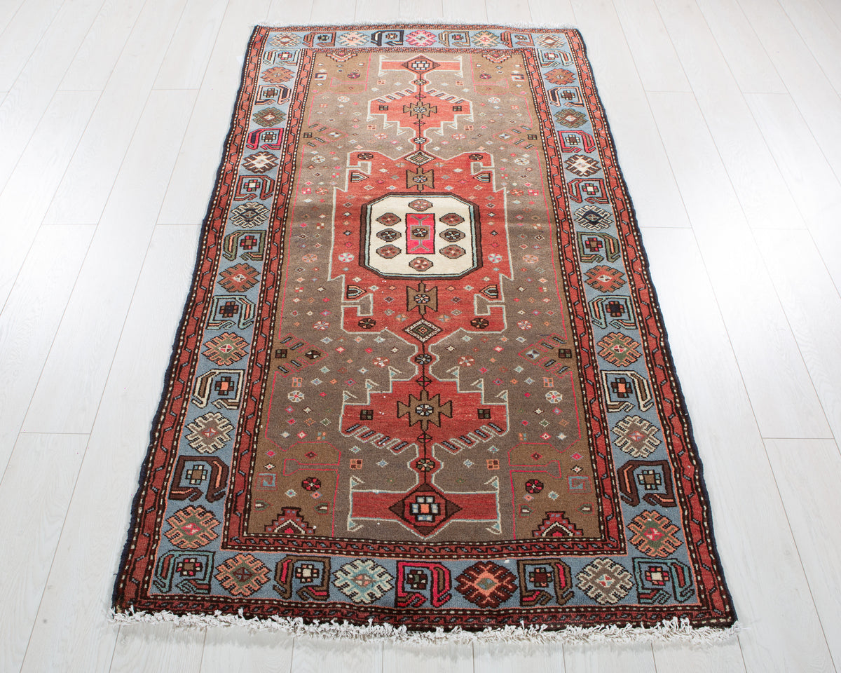 Vintage Greyish Black, Red & Blue Hand-Knotted Wool Rug – 6' 5" x 3' 5" (195 x 105 cm)
