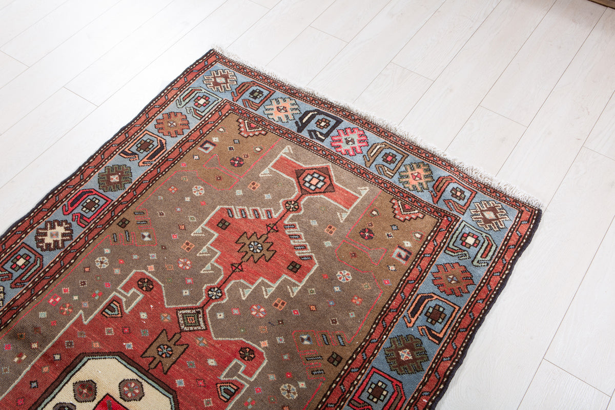 Vintage Greyish Black, Red & Blue Hand-Knotted Wool Rug – 6' 5" x 3' 5" (195 x 105 cm)