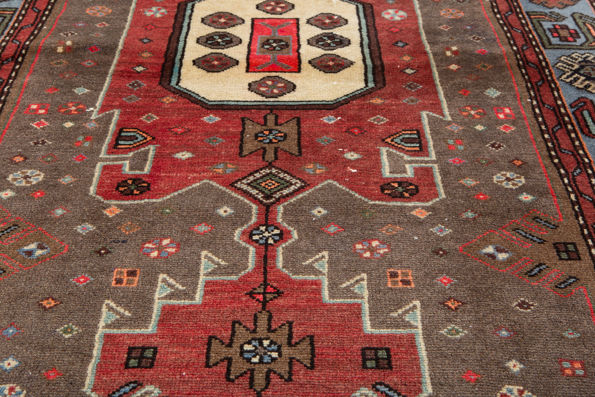 Vintage Greyish Black, Red & Blue Hand-Knotted Wool Rug – 6' 5" x 3' 5" (195 x 105 cm)