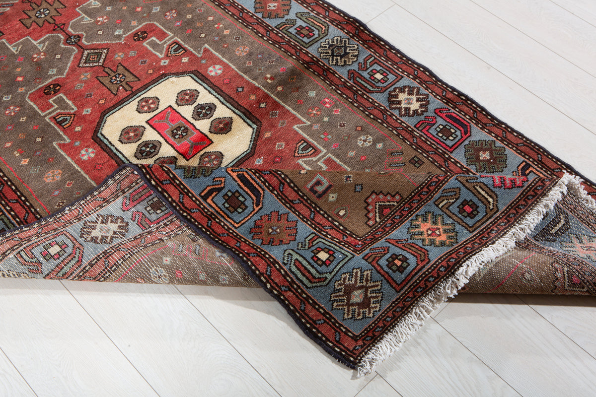 Vintage Greyish Black, Red & Blue Hand-Knotted Wool Rug – 6' 5" x 3' 5" (195 x 105 cm)