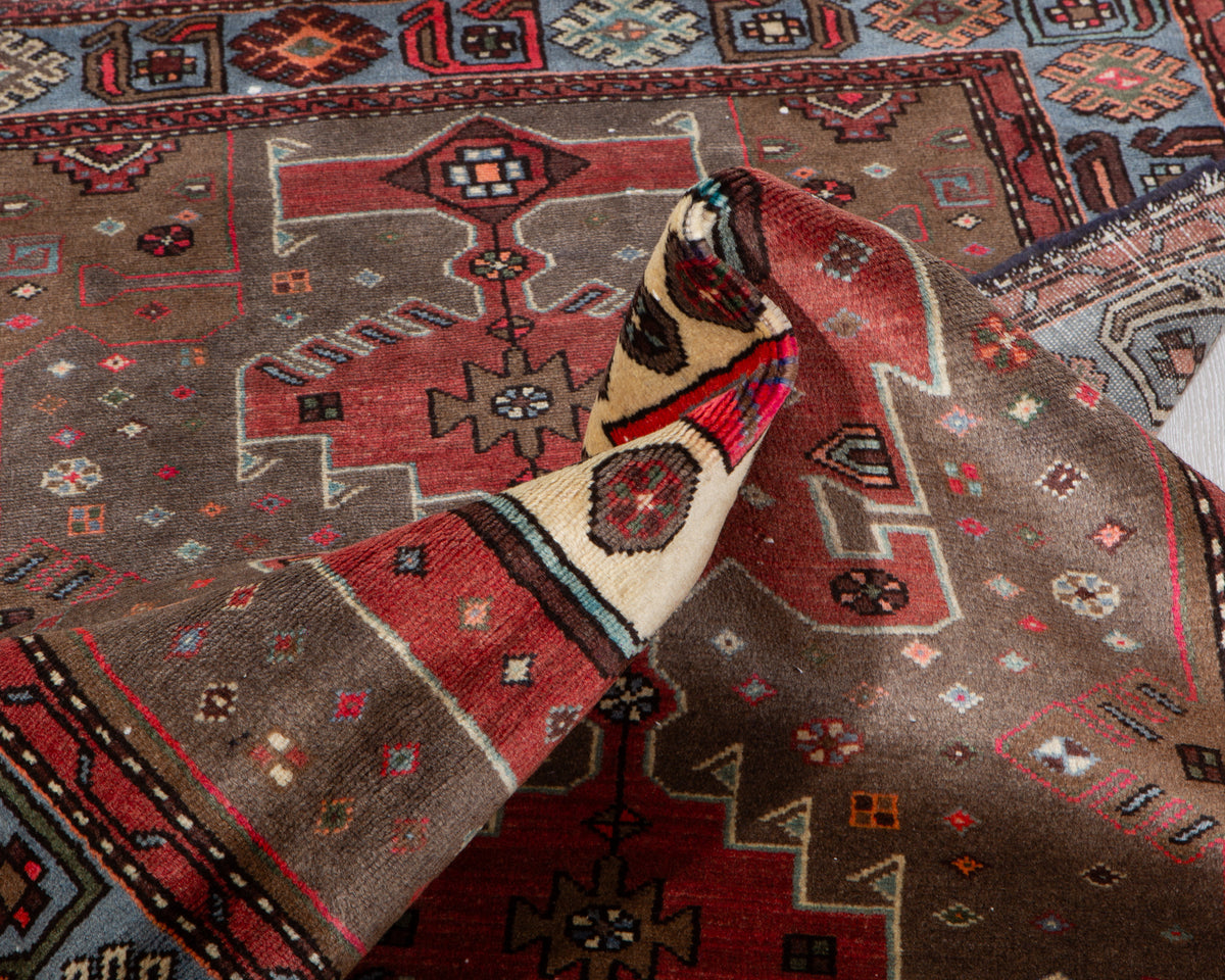 Vintage Greyish Black, Red & Blue Hand-Knotted Wool Rug – 6' 5" x 3' 5" (195 x 105 cm)