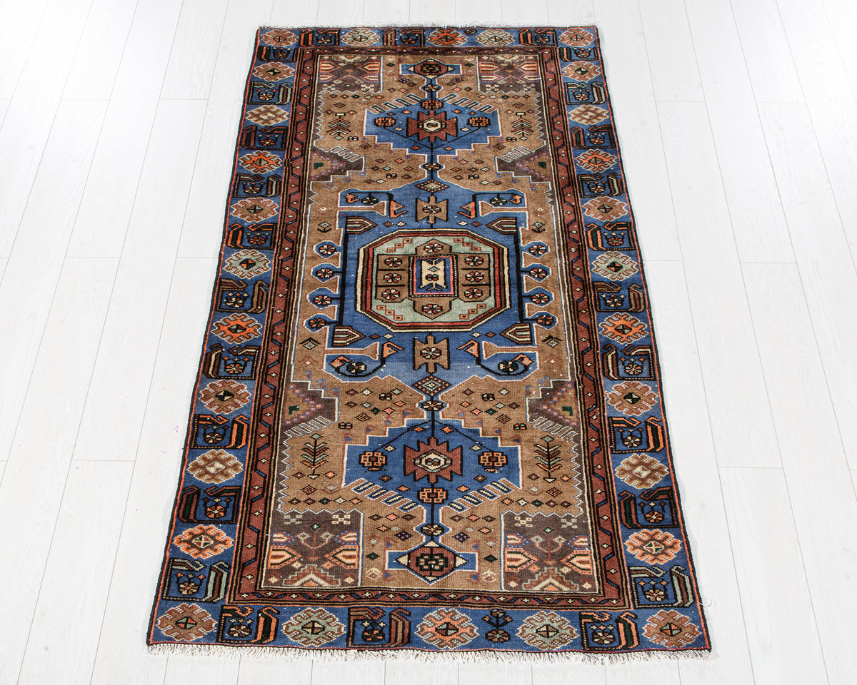 Vintage Brown & Blue Hand-Knotted Wool Rug – 6' 6" x 3' 7" (197 x 109 cm)