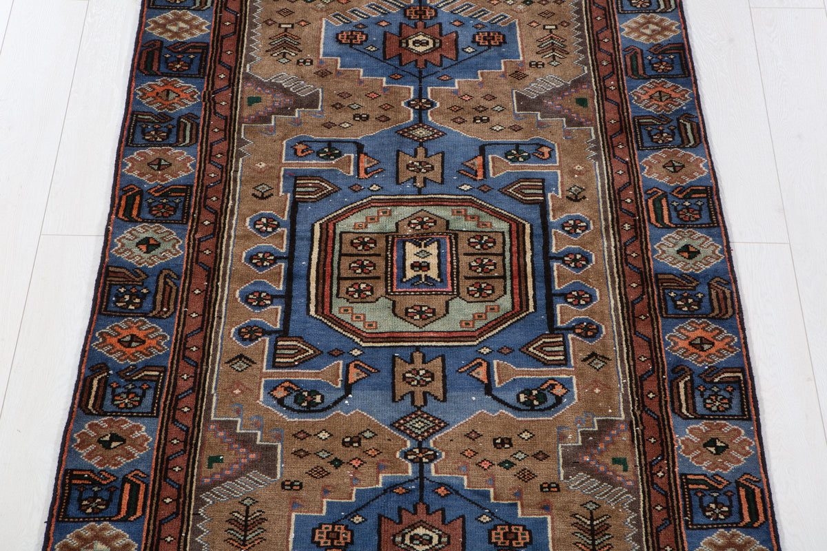 Vintage Brown & Blue Hand-Knotted Wool Rug – 6' 6" x 3' 7" (197 x 109 cm)