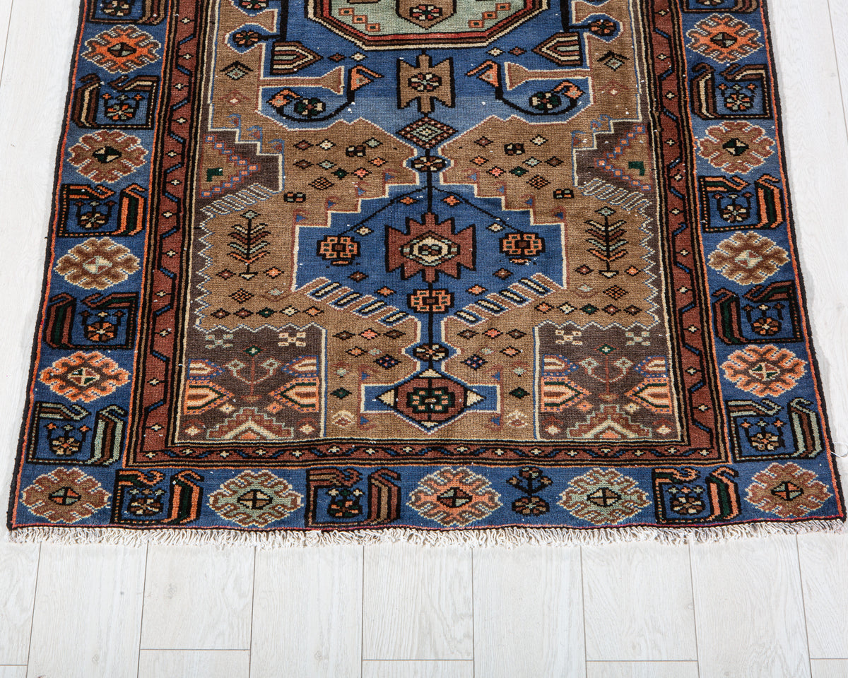 Vintage Brown & Blue Hand-Knotted Wool Rug – 6' 6" x 3' 7" (197 x 109 cm)
