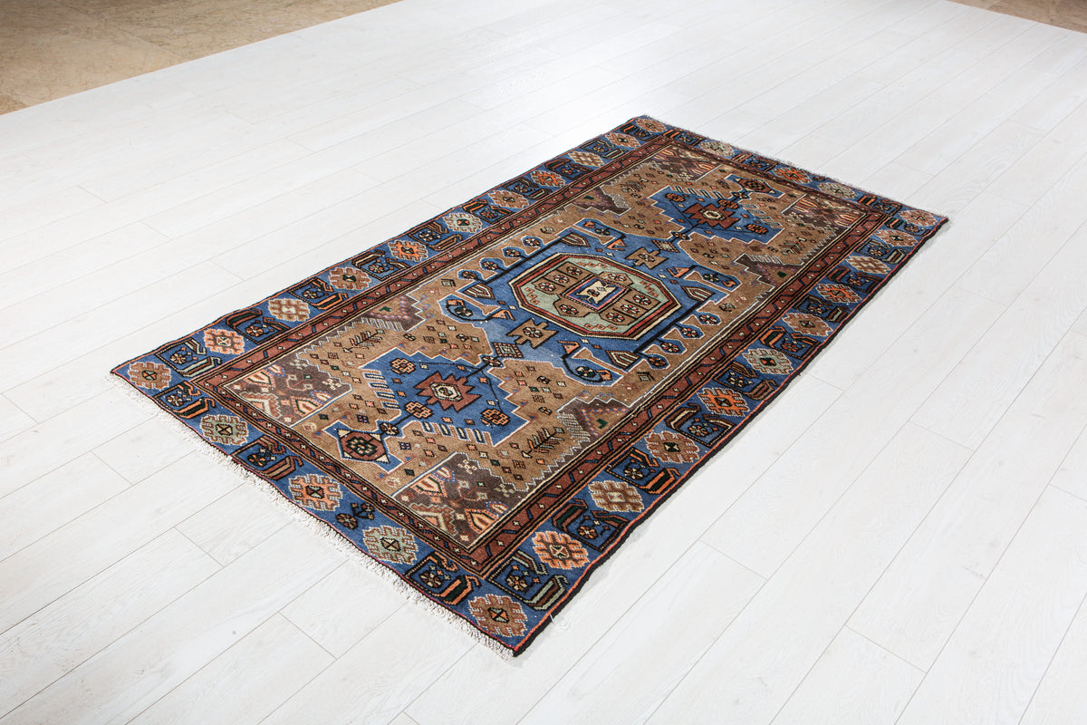 Vintage Brown & Blue Hand-Knotted Wool Rug – 6' 6" x 3' 7" (197 x 109 cm)